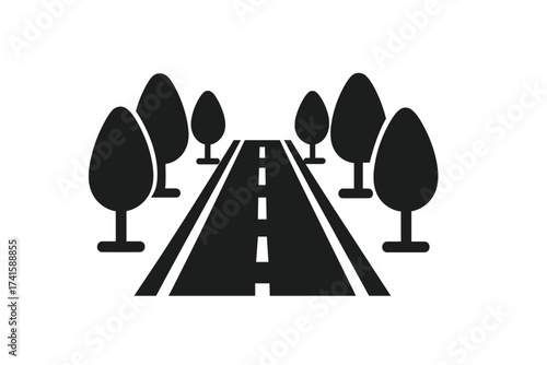 Road trip journey icon with trees in perspective. Highway path to future success. Straight street with markings. Avenue in a park or forest. Travel and transport concept.