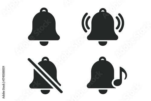 Notification bell icon set with ringing, muted, and music note symbols, vector illustration collection of alert signals and sound notifications, graphic design with transparent background