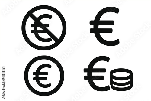 Euro currency icon set vector. No euro sign, euro symbol, euro coin stack, currency illustration with transparent background, money and finance concept, ordered vector icons