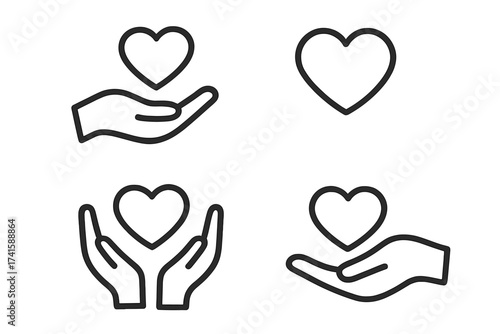 Care and charity icon set. Hand holding heart symbol. Vector line art for concepts like donation, love, support, health, volunteering, kindness, compassion and social help.