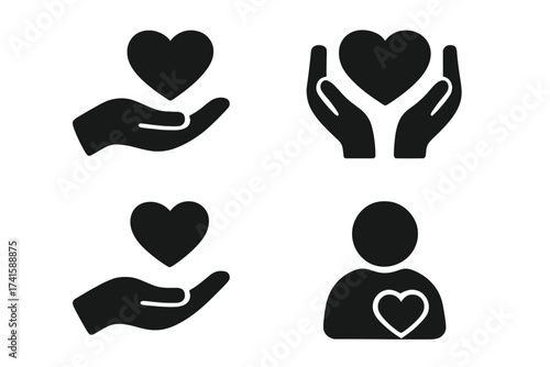 Charity donation icon set. Hand give love heart. Health care support symbol. Volunteer help concept. Vector pictogram collection for social service and compassion signs.