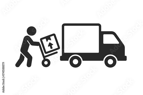 Delivery service icon of a worker loading a box on a truck with a hand cart. Logistics, shipping, and moving concepts. Freight and cargo transport vector symbol for business.