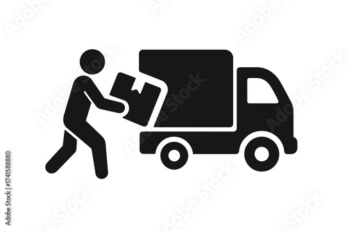 Man loading box in truck. Moving house service icon. Delivery, shipping, and logistics concept. Person carrying package to van. Courier cargo transport vector pictogram.