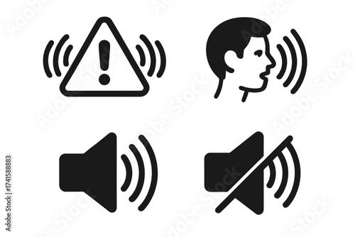 Noise disturbance icon set, loud sound warning symbols, sound volume control design vector, speaker volume, mute and voice alert concept, black graphic elements on white background