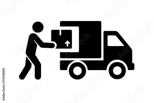 Loading box in truck icon. Delivery service, moving, shipping concept. Man, worker carrying package to van. Freight transport, logistics, distribution, cargo, supply chain.