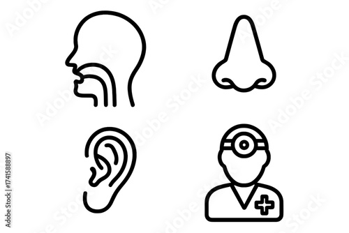 Otolaryngology vector icons set with nose, throat, ear, and doctor silhouette. ENT medical specialist symbols for ORL healthcare and ear, nose, throat health concepts.