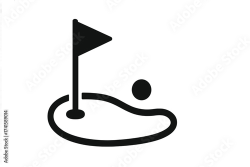 Golf icon vector symbol. Golf ball on the green next to the hole with flagstick. Golf course element. Sport game illustration. Simple pictogram for golf club or competition.