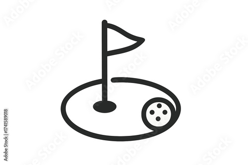 Golf sport icon vector. Simple golf game symbol concept. Golf ball on the green next to the hole with a flagstick. Putting competition graphic for tournament or hobby.