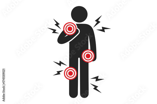 Human body pain and inflammation icon with target markers on shoulder, knee, and hand. Healthcare vector illustration showing ache symptoms and body discomfort areas, medical concept.