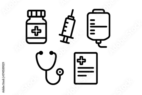 Medical service icon set including medicine bottle, injection syringe, saline bag, stethoscope, and medical report vector illustration with transparent background, healthcare symbols