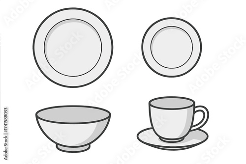 Vector illustration of white plate, bowl, cup, and saucer. Tableware set, isolated on transparent background. Kitchen dishware collection for dining, food service, and restaurant concept.