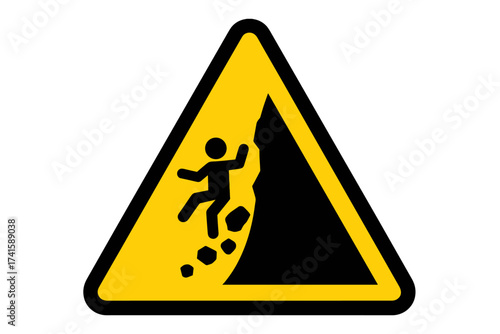 Warning sign for danger of falling from a cliff or unstable edge. Risk of landslide or falling rocks. Man falling pictogram. Vector symbol isolated on white background.
