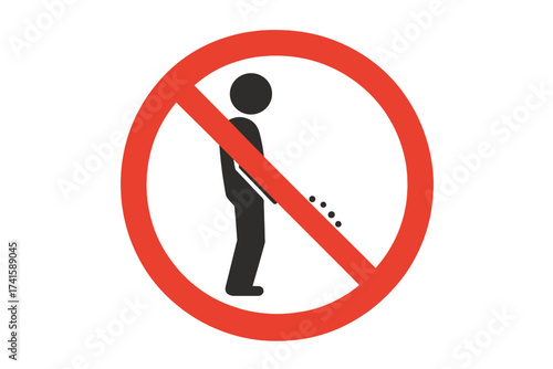No peeing sign vector icon, man urinating silhouette with red prohibition circle, bathroom rule illustration, public restroom warning symbol, no urination allowed symbol