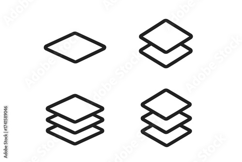 Platform vector icon set with layered and stacked symbols. Minimalistic outline layers and stack illustration, transparent background, ordered design elements for graphic and UI projects.