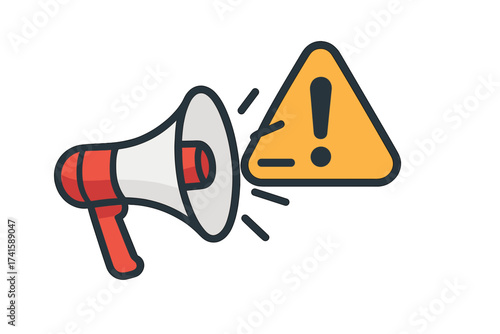 Megaphone with warning sign, important announcement vector illustration, loudspeaker alert icon, caution communication symbol, transparent background graphic, public notice, emergency alert concept