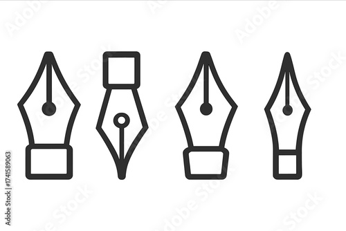 Nib pen icon set. Fountain pen tool vector illustration. Isolated black outline nib icons on white background. Creative pen nib shapes, writing tool symbols, design elements, stationery
