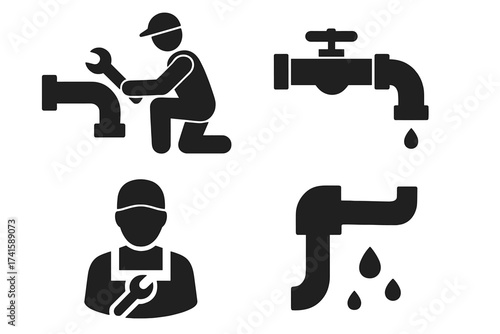 Plumbing service vector icon set with plumber repairing pipes, dripping faucet, maintenance tools, professional plumbing repair symbols, plumbing industry illustrations