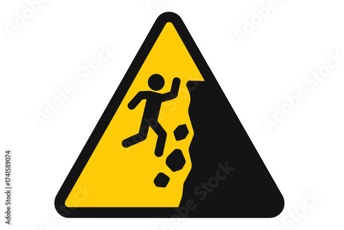 Cliff fall danger warning sign, risk of landslide and falling rocks. Unstable ground symbol. Mountain safety and hazard caution icon. Person falling from height vector design.