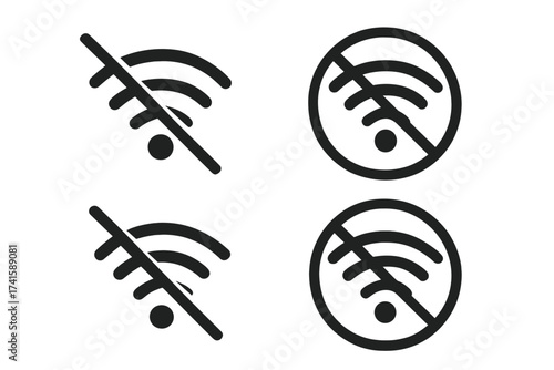 No Wi-Fi icon set, disconnect symbol collection with transparent background, vector illustration, network off, wireless signal disabled, connection lost, signal block, technology icon pack