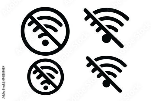 No Wi-Fi icon set with disconnect and offline symbols, vector illustration with transparent background, wireless network cut off, digital connection loss, internet signal denied