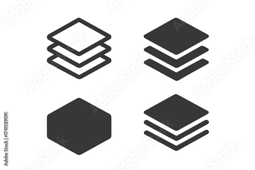 Platform vector icon set layered stack symbols, abstract geometric shapes illustration, transparent background, ordered multipurpose design elements for UI, technology, and interface