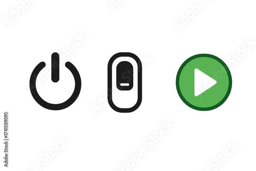 Power button and turn on switch icons set, green start button vector illustration, technology symbols, control interface icons with transparent background, original flat design