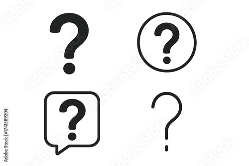 Question mark icon set in different modern designs, question symbol vector illustration, multiple question marks with transparent background, ordered set, inquiry, help icons collection
