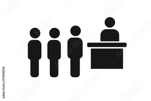 Queue icon sign with people standing and waiting in line in front of a counter, vector illustration of orderly customer line, business queue management, transparent background