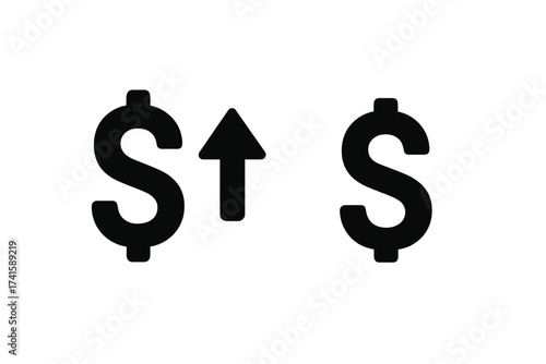Dollar sign with up arrow icon representing price increase, inflation, and expensive costs. Financial concept of currency value appreciation, economic growth, and rising market rates.