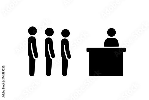 Queue icon sign with people standing and waiting in line in front of counter, waiting room vector illustration, customer service line concept, transparent background vector