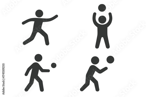 People throwing and catching ball icons, sports activity vector set isolated on transparent background, active figures in motion, dynamic ball game silhouettes, teamwork and fitness illustration