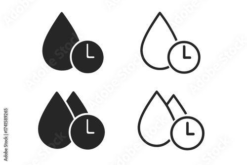 Quick drying water drop icon set with clock symbol, dry fast concept vector illustration, transparent background, ordered minimalist design, moisture time indicator