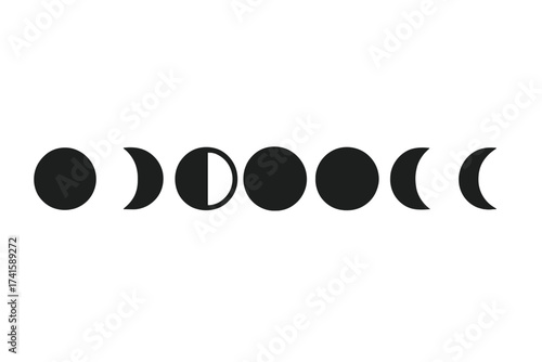 Phases of the Moon Silhouette Icons, Lunar Cycle Astronomy Vector Set, Minimalist Black Moon Phase Illustrations, Transparent Background, Ordered Moon Symbol Collection