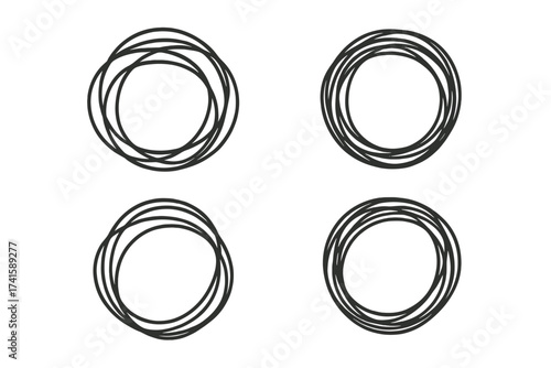 Set of hand-drawn scribble circles. Abstract doodle icons for brainstorming, problem solving. Tangled and untangled lines representing chaos, confusion, and order.