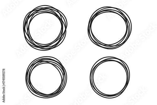 Hand drawn scribble circle frames. Doodle round shapes vector set. Messy ink line art illustration. Concept of chaos, confusion, problem solving, order, and tangled thoughts.
