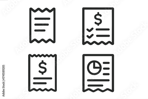 Receipt and Bill Icon Set, Vector Graphics for Web and Graphic Design, Transparent Background, Financial Document Illustration, Payment and Invoice Symbols Collection