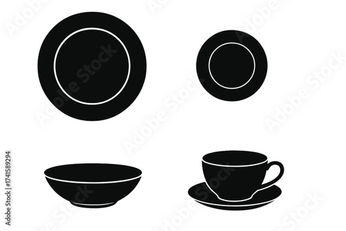 Vector set of black plate, bowl, and cup with saucer silhouette icons isolated on white background - tableware collection, kitchen dishware, crockery illustration.