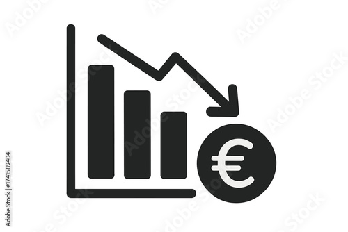 Euro loss graph vector icon. Symbol of financial crisis, recession, inflation. Decreasing arrow on chart concept. Stock market crash, investment expenses down, devaluation.