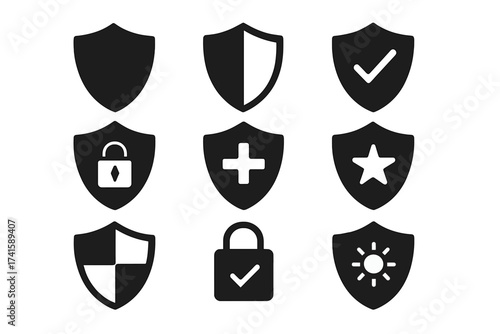 Security shield icon set collection, protection and safety symbols, secure lock, checkmark, medical cross, star, bright sun, vector isolated design for cybersecurity, privacy, defense concepts
