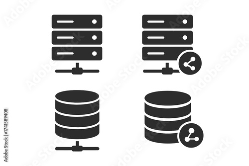 Server icon set including hosting and database symbols, connected server racks, data storage network, technology symbols, sharing, and cloud computing vector illustration with transparent background