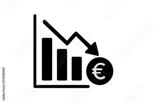 Euro loss graph vector icon. Symbol of financial crisis. Decreasing arrow on chart concept. Economy recession, stock market crash, money depreciation, investment failure idea.