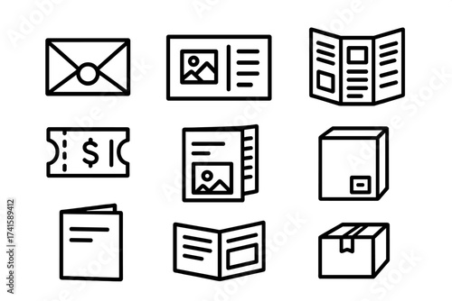 Scan barcode icon set, vector illustration with transparent background, ordered collection of mailing, packaging and ticket symbols, envelope, ticket, brochure, box, postcard design