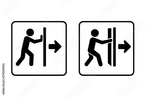 Push and pull door sign icon vector illustration set with transparent background, clear entrance signage symbols for public spaces, business and office door usage