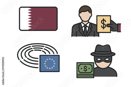 Qatargate political scandal vector illustration, corruption and bribery in European Parliament, Qatar flag, money laundering, organized crime concept with fingerprint and masked criminal