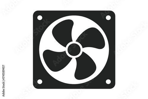 Exhaust fan vector icon. PC computer case cooler symbol for cooling system and ventilation. Airflow propeller sign with blades. Flat graphic illustration isolated on white.