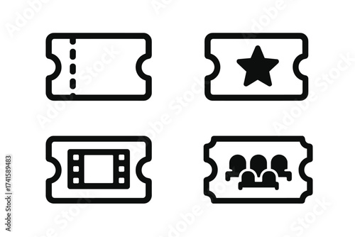 Cinema ticket icon set. Movie pass vector collection. Film entertainment admission symbols. Event coupon with star, filmstrip and audience. Outline graphic design elements.