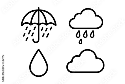 Rainy weather vector set with umbrella, rain droplets, cloud with raindrops, and droplet icon, black outline design on transparent background, weather icons collection