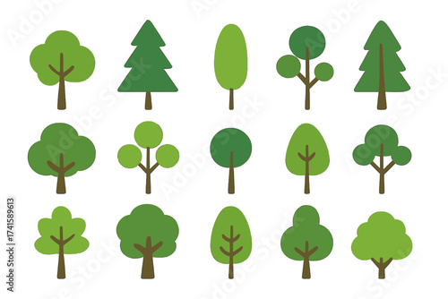 Vector tree icon set with flat forest designs, assorted green trees collection, simple vector illustrations, transparent background, organized tree shapes for nature and environment projects