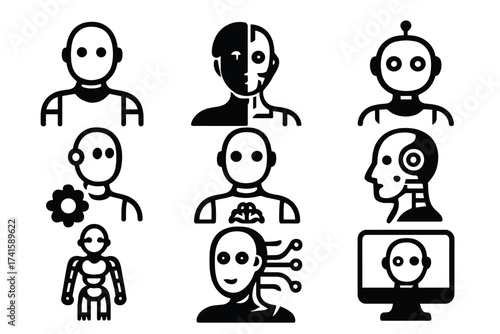 Robot cyborg icon set with humanoid robotic figures, artificial intelligence concept, futuristic AI technology, digital brain, machine intelligence vector illustration, tech automation symbols