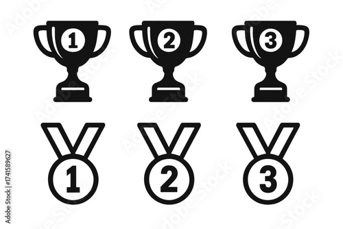 Trophy and Medal Icon Set for Champion and Winner Awards, First Second Third Place Victory Symbols, Championship Prize Vector Illustration Collection